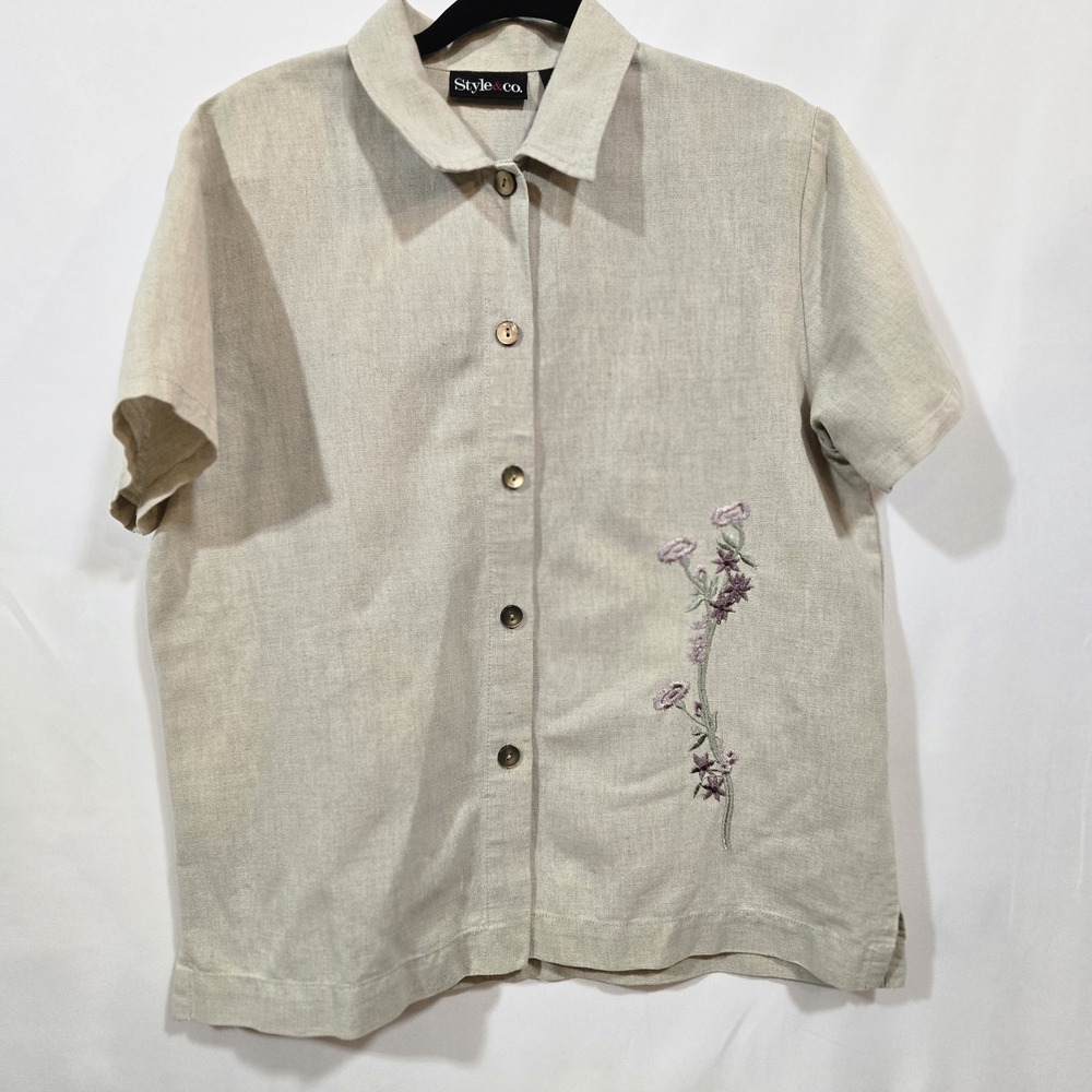 Style & Co Linen Cotton Shirt Women S Beige Floral Embroidered Button Up